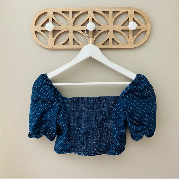Lulu's Polkadot Denim Crop Top Blue Sz Small - Picture 5 of 7